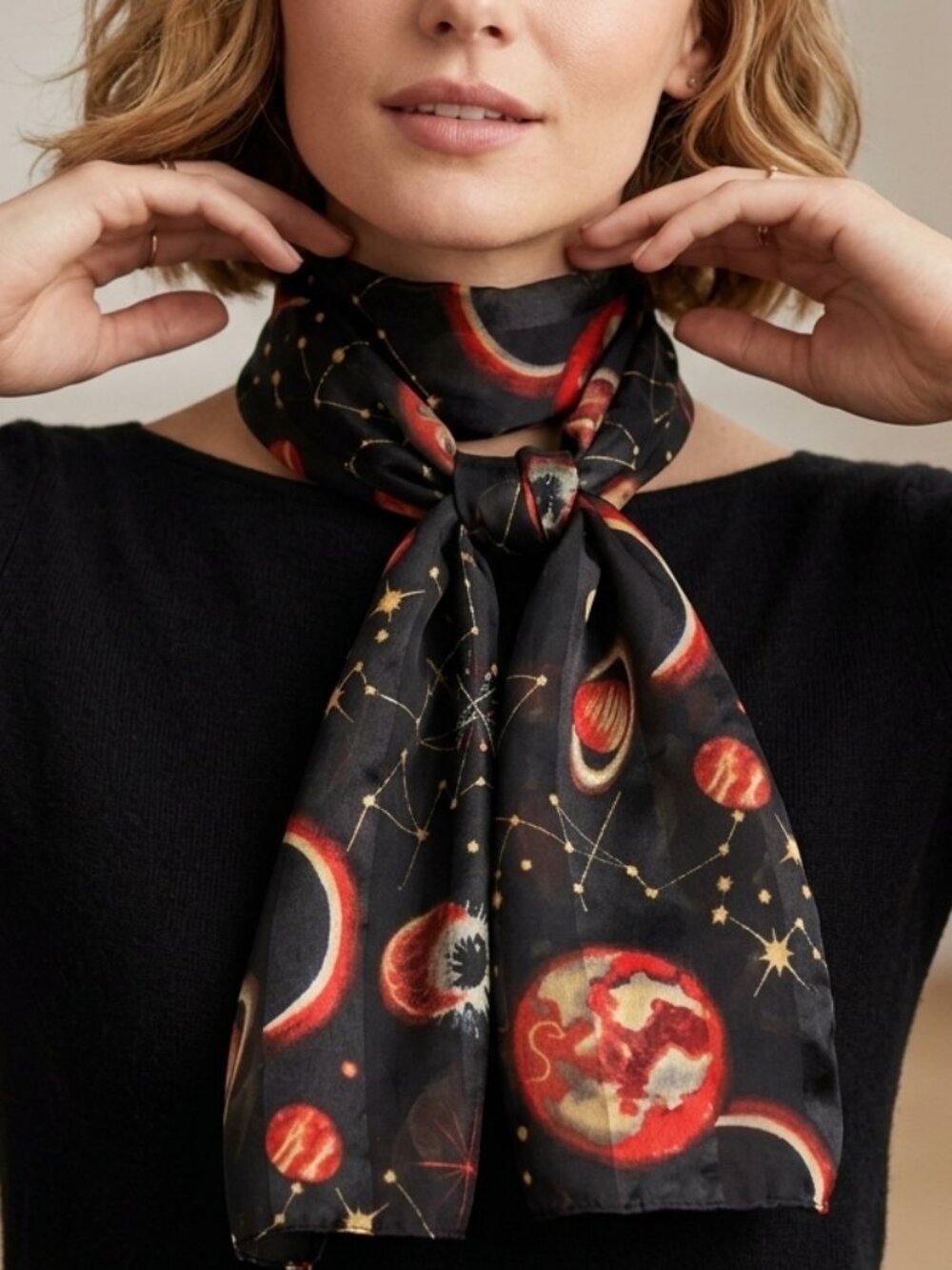 Space Planets Themed Scarf Bandana Neck Black Red Gold Polyester Semi-Sheer
